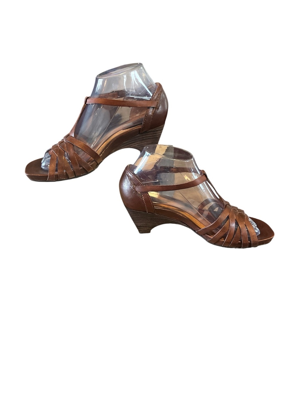 Clarks Artisan Sandals Womens 6 Brown Leather Wedge Strappy T-Strap Active Air